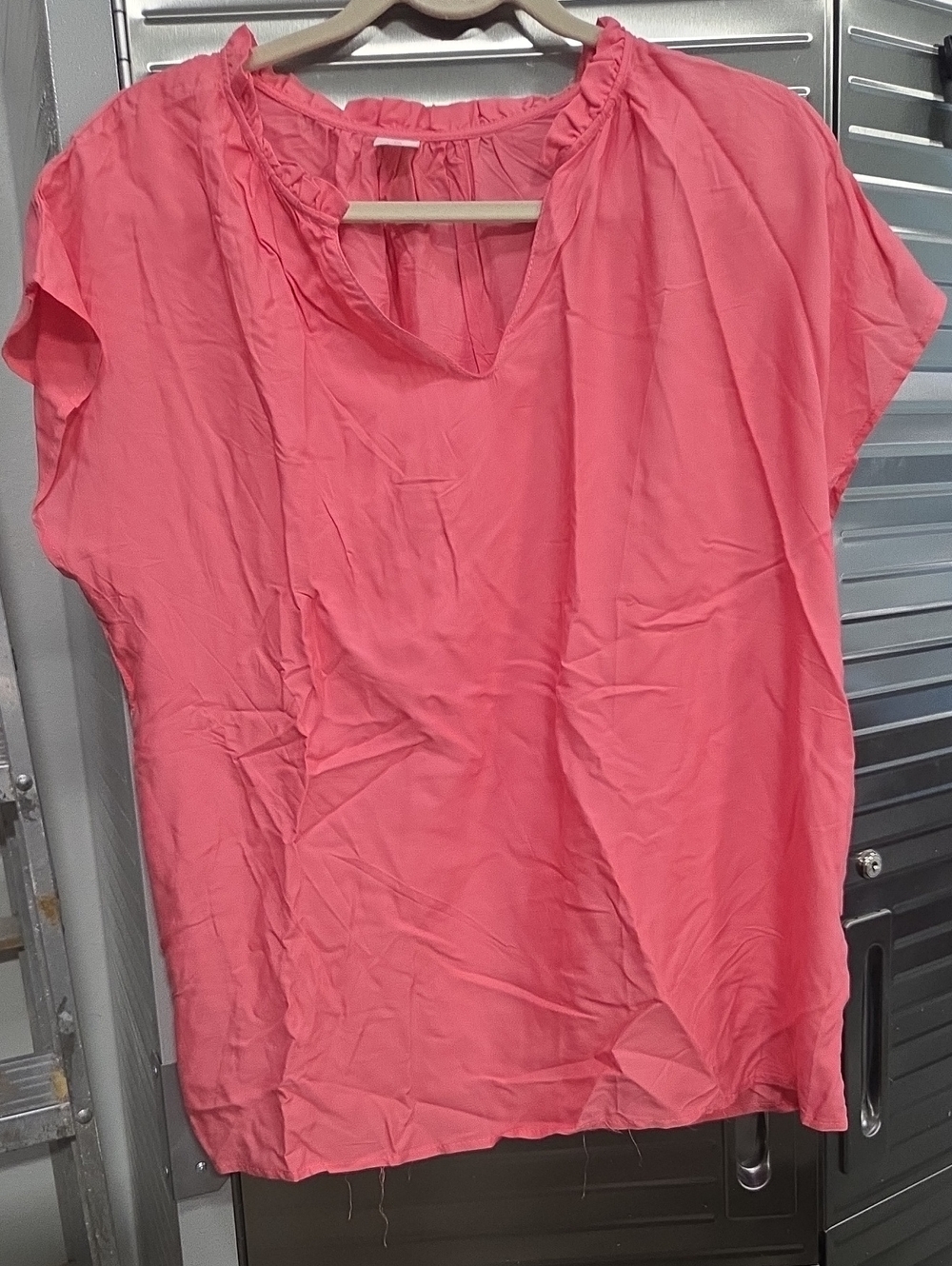 Relaxed Coral Pink Ruffle-Neck Blouse